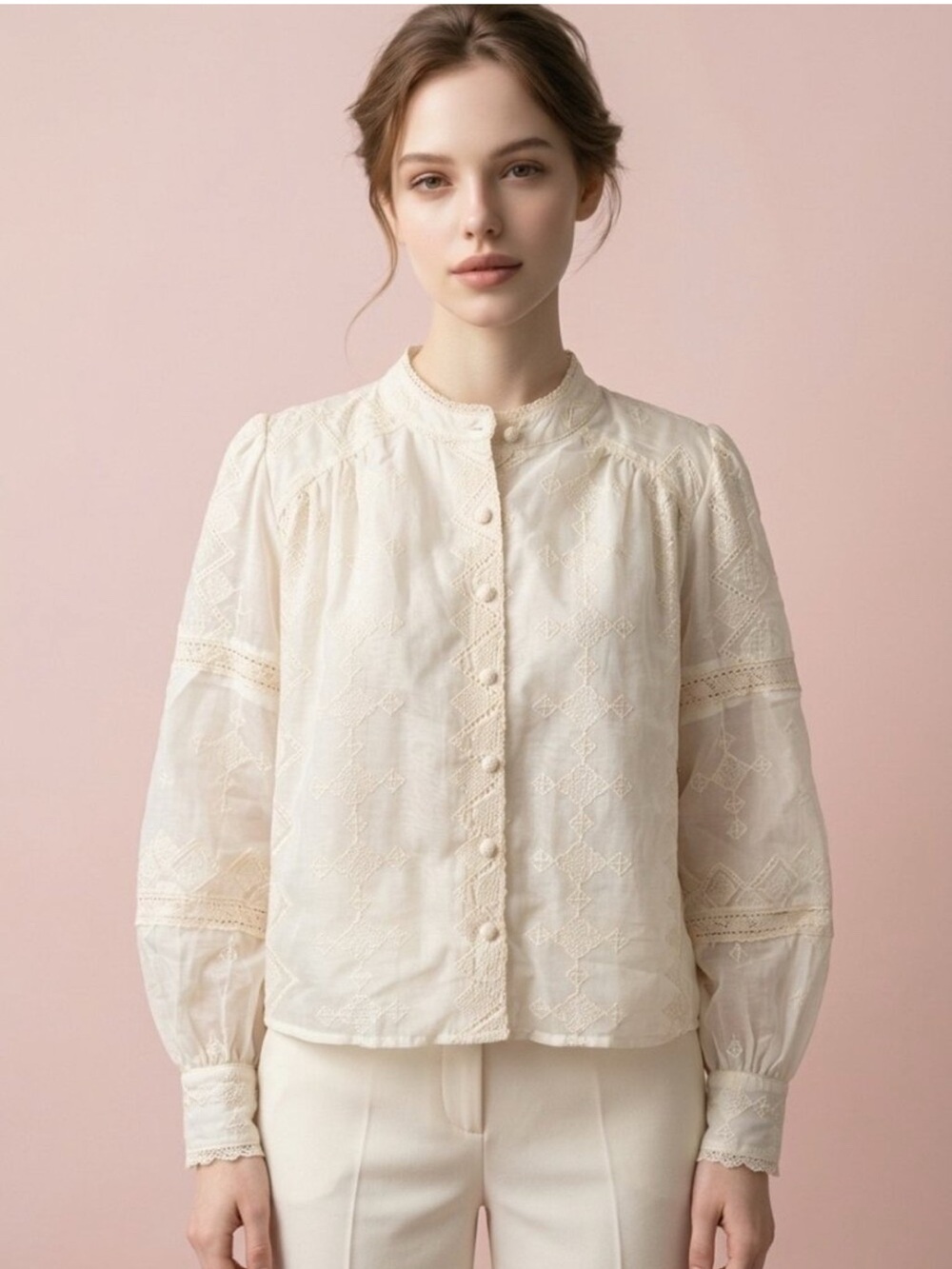 Caroline Constas White Embroidered Cottage Core Blouse